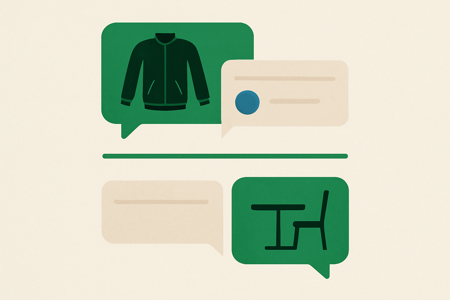 A split conversation timeline showing one customer thread: a black jacket, a blue colour request, and a later unrelated table-booking message separated by a clear topic break.